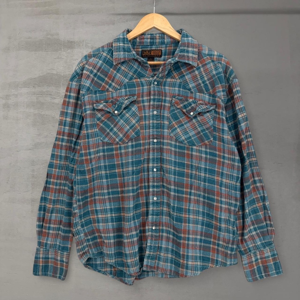 Vintage Canyon Guide Flannel Shirt Teal Orange Plaid Western Pearl Snap Large